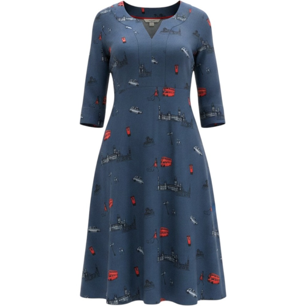 Boden London Print Dress Womens 8 Blue Red Bus Big Ben 3/4 Sleeve Shift